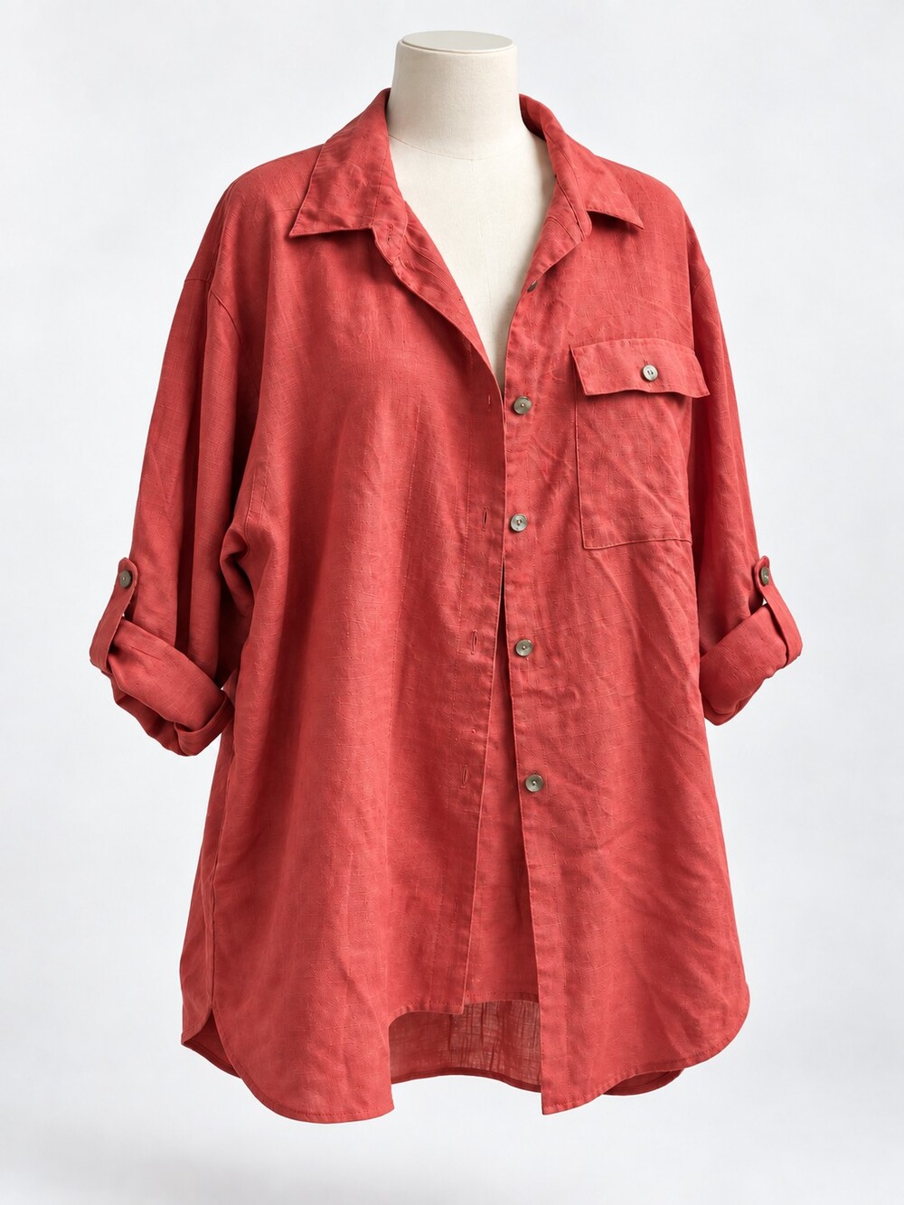 Oversized Linen Blend Long Sleeve Shirt Red Button Down Top 22W